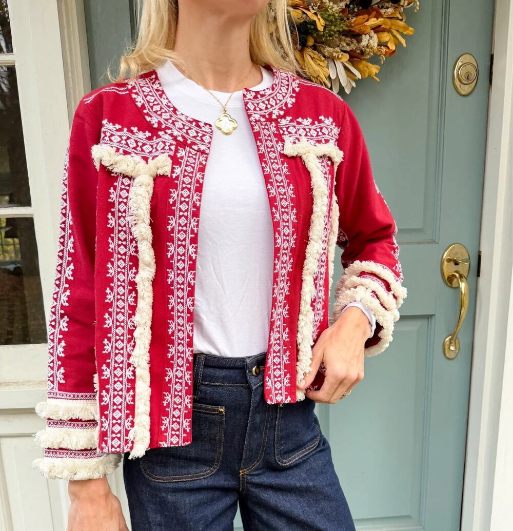 Julia Amory Cherry Red Embroidered Fringe Trim Open Cotton Jacket Size Small